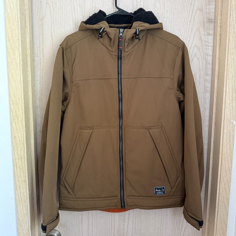 Hawke & Co Mens Brown Hooded Jacket Size S Sherpa Lined Zip Up Winter Gorpcore